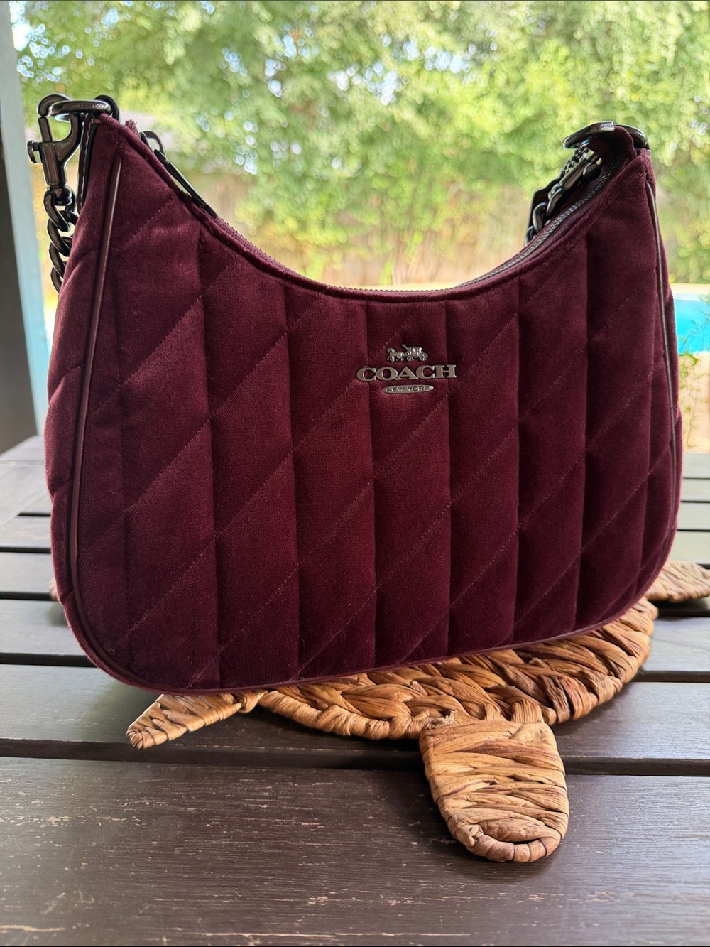 Coach Quilted Velvet Teri Hobo Shoulder Bag in Burgundy NWOT
